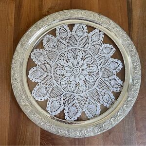 Vintage Silver Metal Framed Embroidery Doily 13.5 Round Serving Tray Cottagecore